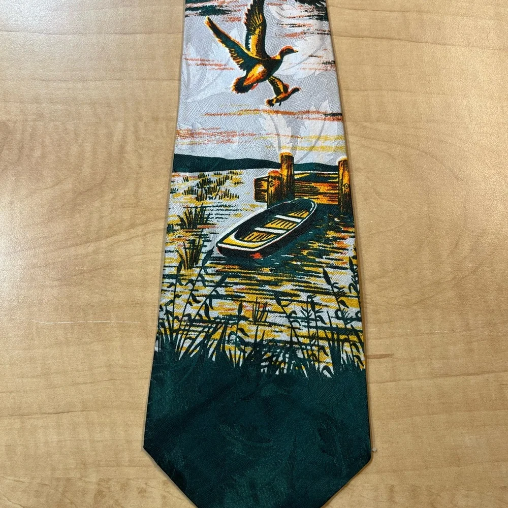 VTG Men's Bird Duck Lake Boat Nature Novelty Print Necktie Bird Life
